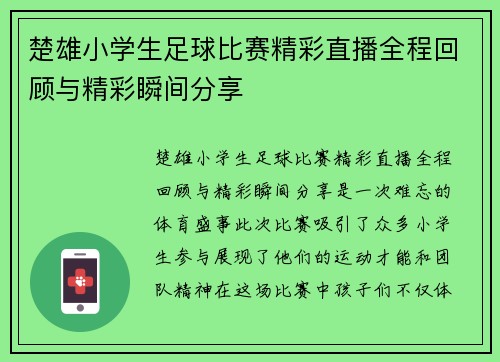 楚雄小学生足球比赛精彩直播全程回顾与精彩瞬间分享